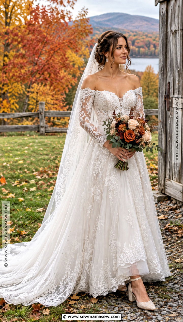 Off Shoulder Lace Long Sleeve Wedding Dress - 15 rustic fall wedding dress lace long sleeve ideas