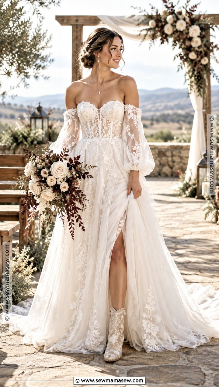 Off Shoulder Lace Wedding Dress - 15 rustic boho fall wedding dress ideas