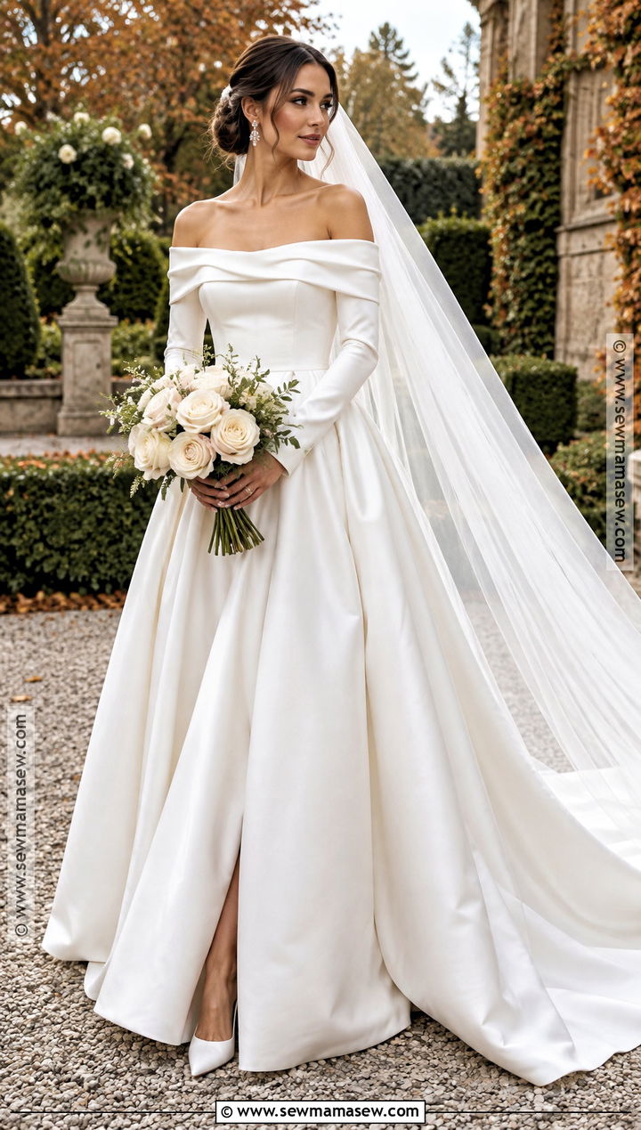 Off Shoulder Long Sleeve Fall Wedding Dress - 20 long sleeve fall wedding dress ideas