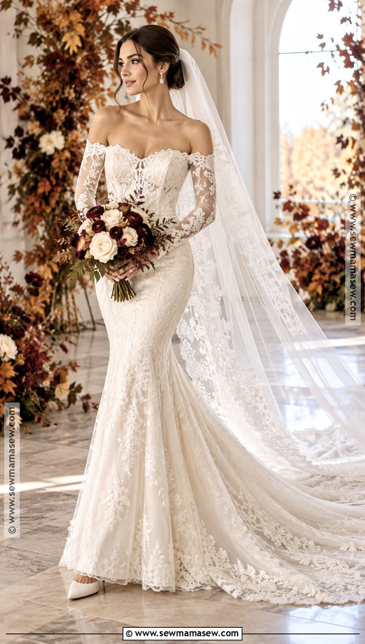 Off Shoulder Long Sleeve Mermaid Wedding Dress - 15 fall long sleeve wedding dress ideas