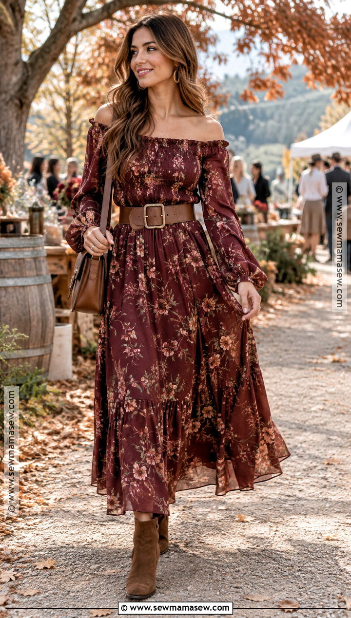 Off Shoulder Maxi Dress And Ankle Boots Outfit - 15 Off-Shoulder Fall Fashion Ideas
