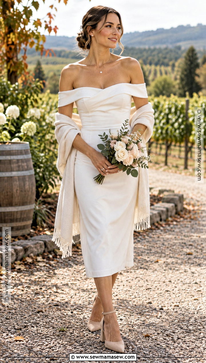 Off Shoulder Midi Wedding Dress - 15 Casual Wedding Dress Fall Ideas