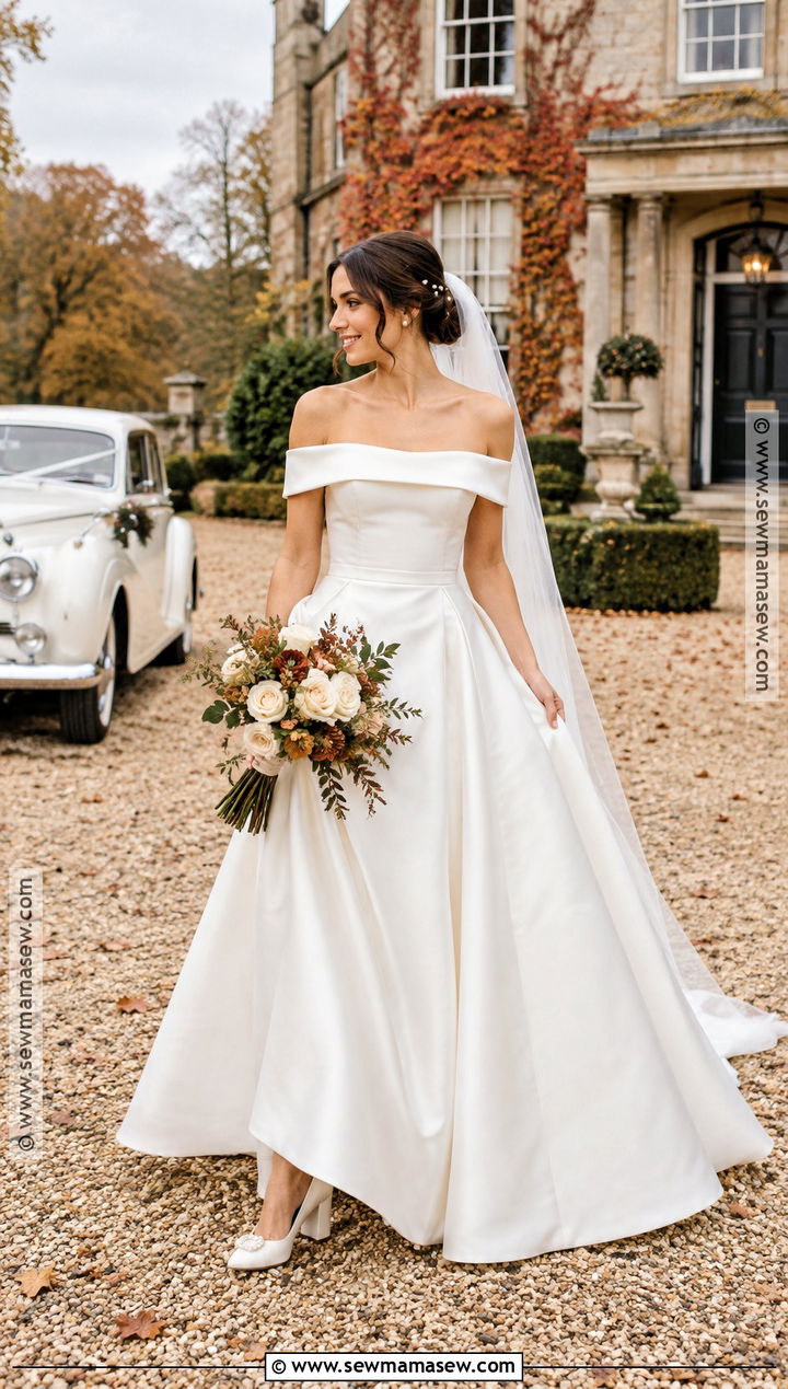 Off Shoulder Mikado Bridal Dress - 15 autumn bridal dress ideas