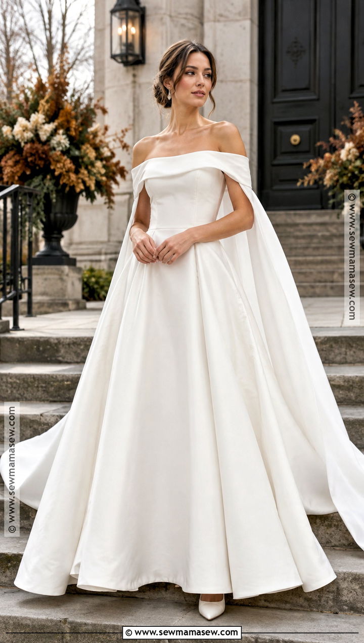 Off Shoulder Mikado Wedding Dress With Cape - 15 Late Fall Wedding Dress Ideas