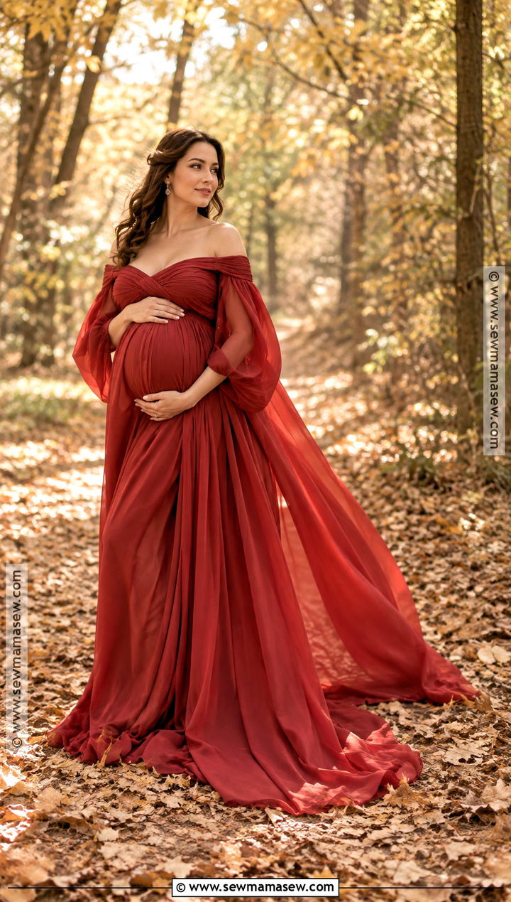Off Shoulder Red Maternity Gown With A Long Train - 15 fall maternity photos red dress ideas