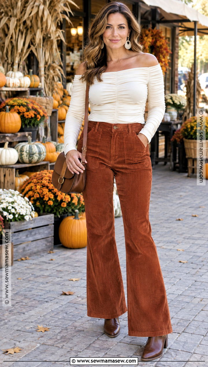Off Shoulder Ruched Top And Corduroy Pants Outfit - 15 Off-Shoulder Fall Fashion Ideas