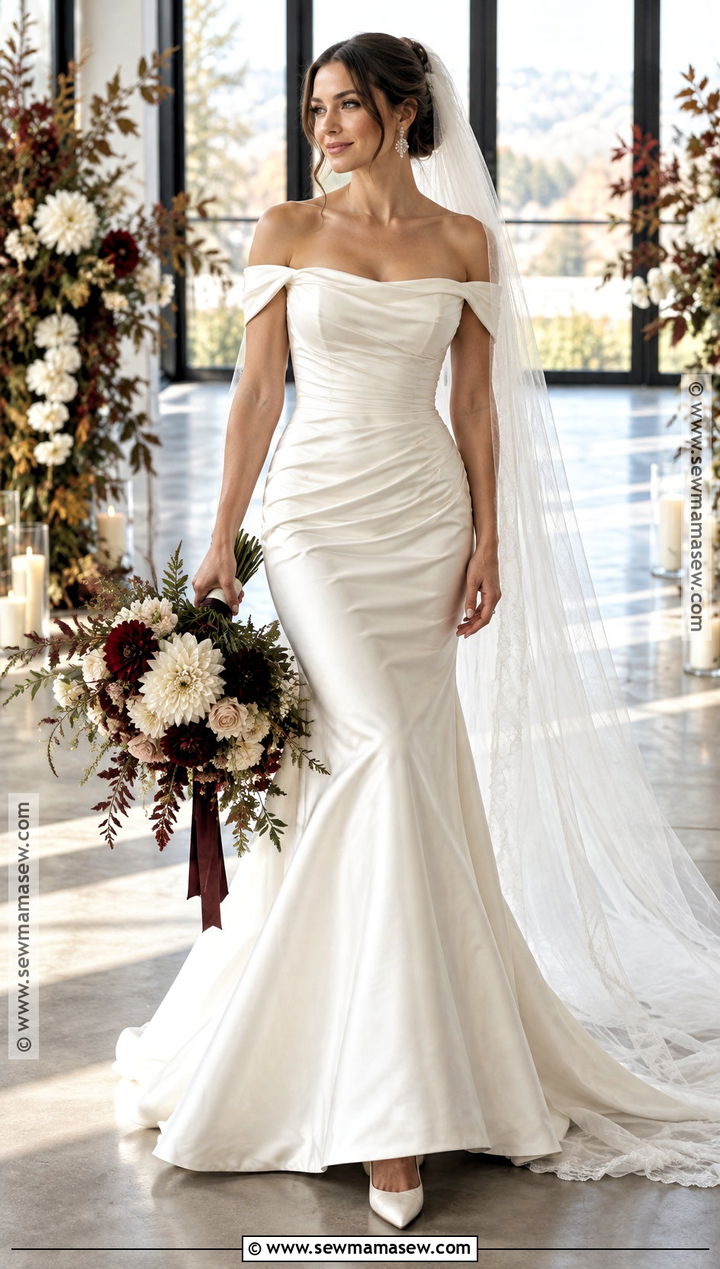 Off Shoulder Satin Mermaid Wedding Dress - 15 Fall Mermaid Wedding Dress Ideas