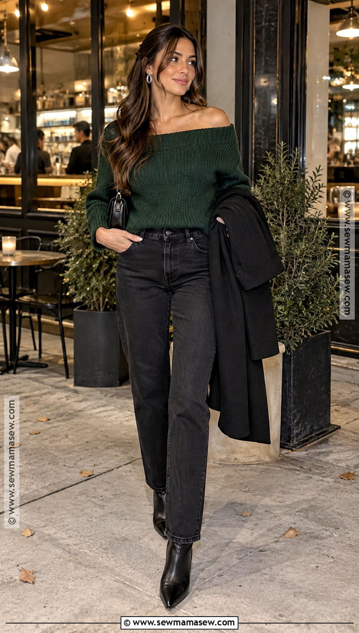 Off Shoulder Sweater And Black Jeans Fall Date Night Outfit - 15 datenight fall outfits casual