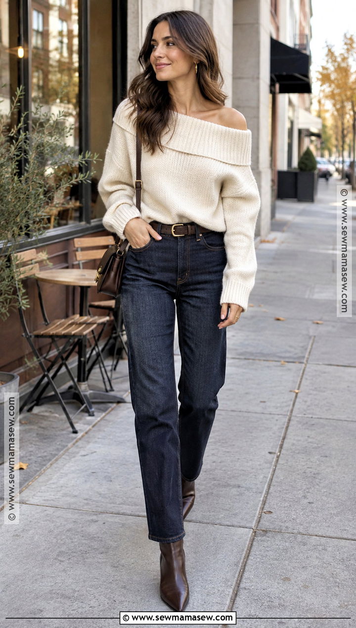Off Shoulder Sweater And Dark Jeans Fall Date Outfit - 20 cute date outfits for fall