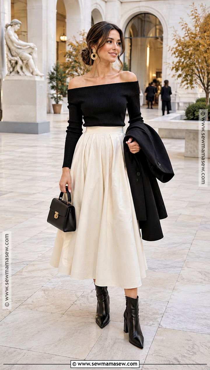Off Shoulder Sweater And Full Midi Skirt Outfit - 20 sweater and skirt outfit autumn ideas