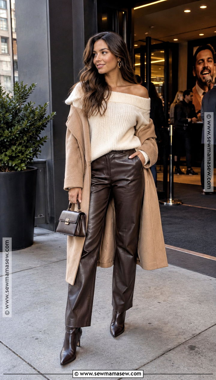 Off Shoulder Sweater And Leather Pants Fall Date Outfit - 15 fall 2026 date outfits