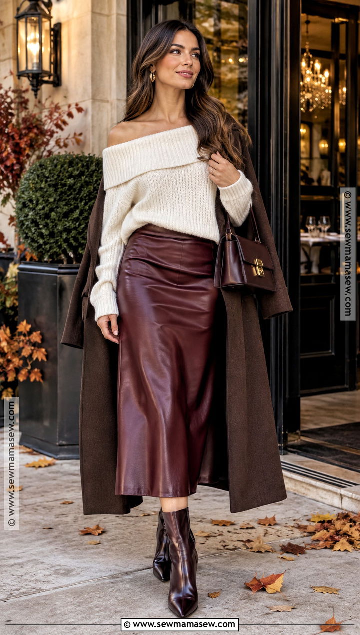 Off Shoulder Sweater And Leather Skirt Outfit - 25 fall outfits going out