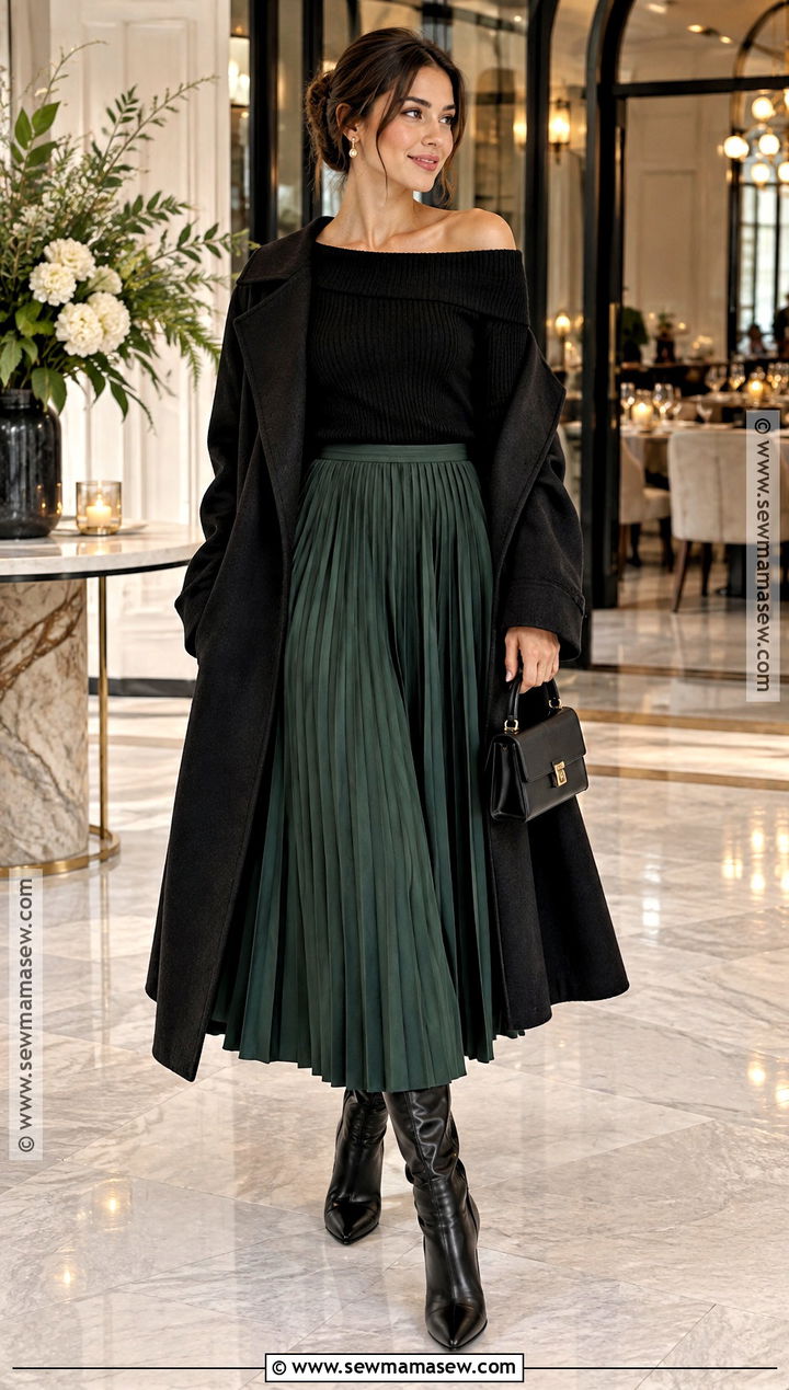 Off Shoulder Sweater And Pleated Skirt Fall Dinner Outfit - 25 fancy dinner outfit fall ideas