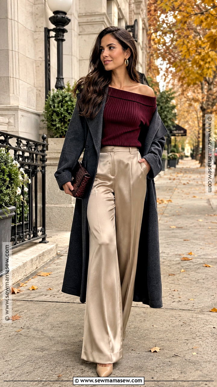 Off Shoulder Sweater And Satin Trousers Fall Anniversary Outfit - 20 Fall Anniversary Outfit Ideas