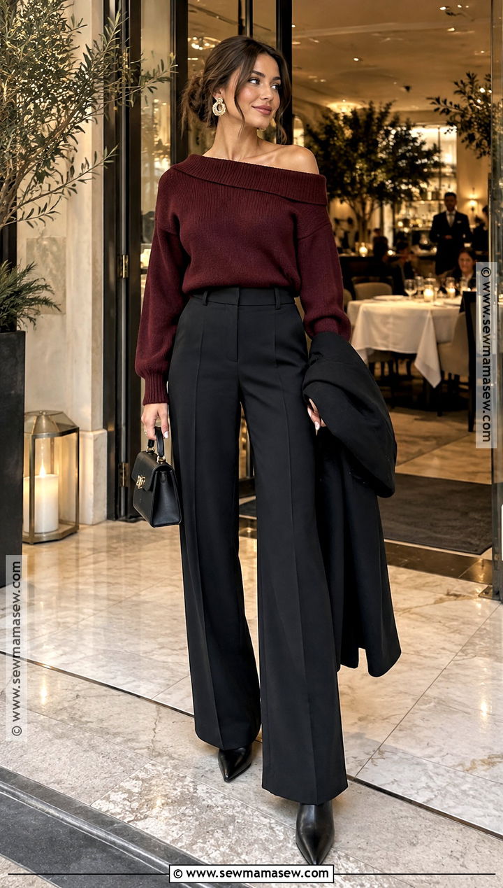 Off Shoulder Sweater And Tailored Pants - 20 Sweater Weather Vibes Ideas