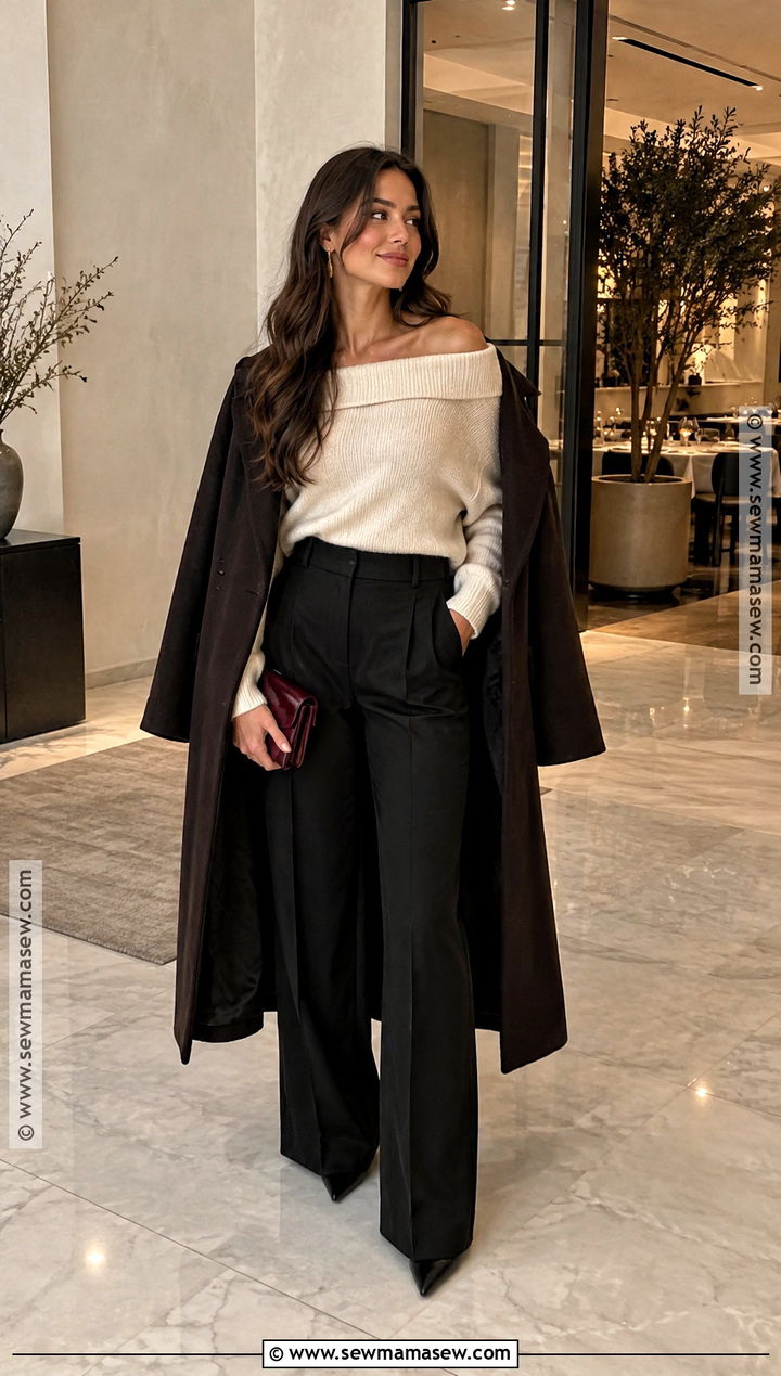 Off Shoulder Sweater And Tailored Trousers Fall Dinner Outfit - 25 fall dinner outfits