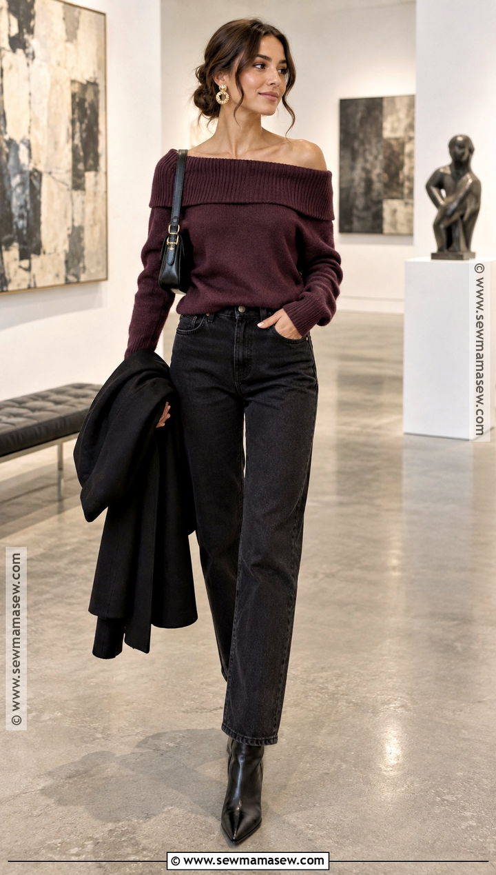Off Shoulder Sweater With Black Jeans - 25 Fall Outfits Sweaters