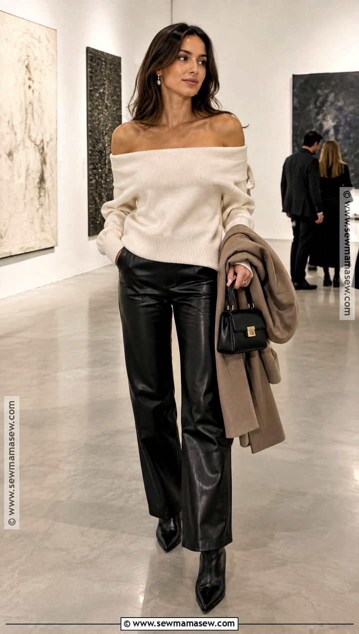 Off Shoulder Sweater With Leather Pants - 20 sweater outfits fall