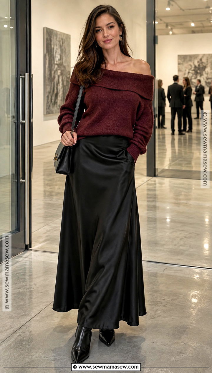 Off Shoulder Sweater With Maxi Skirt - 20 Fall Outfits With Sweaters