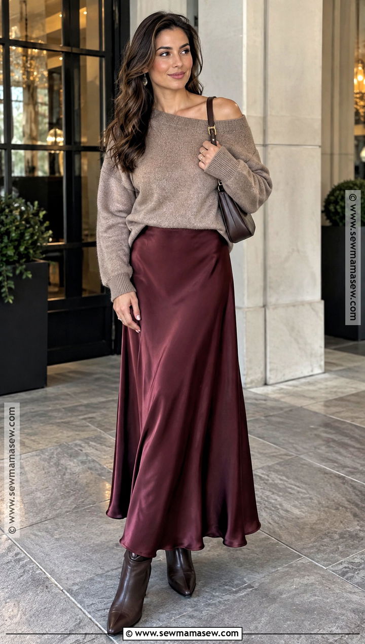 Off Shoulder Sweater With Maxi Skirt - 25 Autumn Sweater Ideas