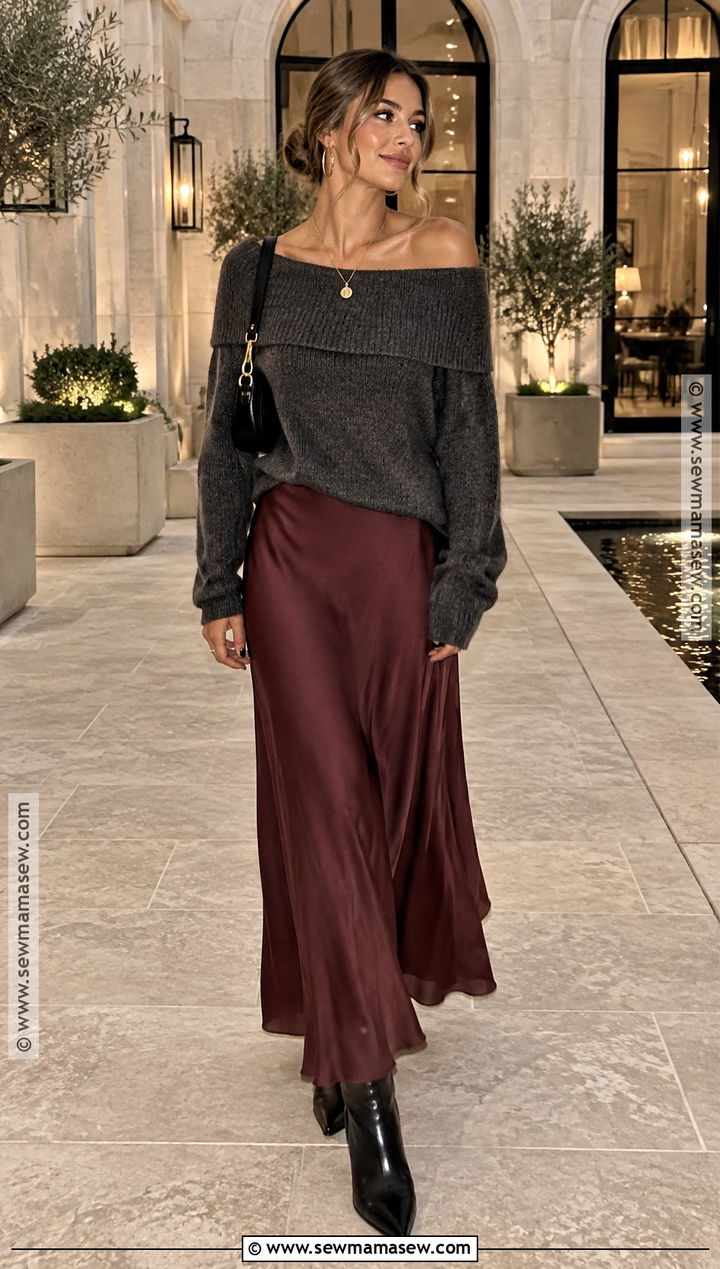 Off Shoulder Sweater With Maxi Skirt And Boots - 20 Fall Sweaters Outfits