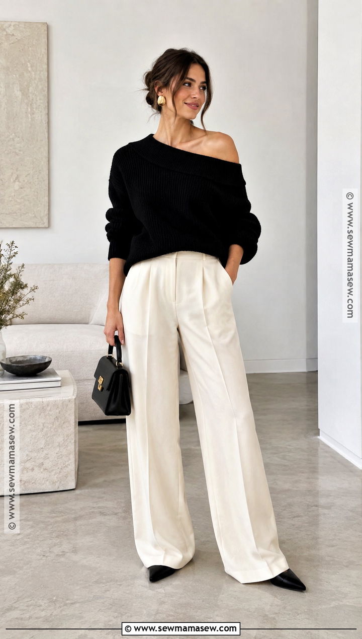 Off Shoulder Sweater With Wide Leg Trousers - 25 fall sweater outfits