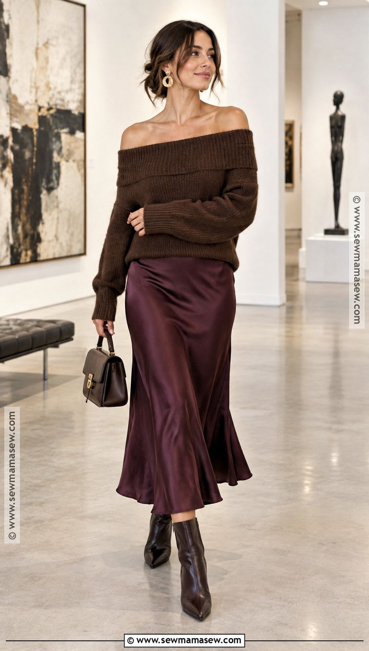 Off Shoulder Sweater and Bias Cut Skirt Outfit - 20 sweater skirt outfit fall ideas
