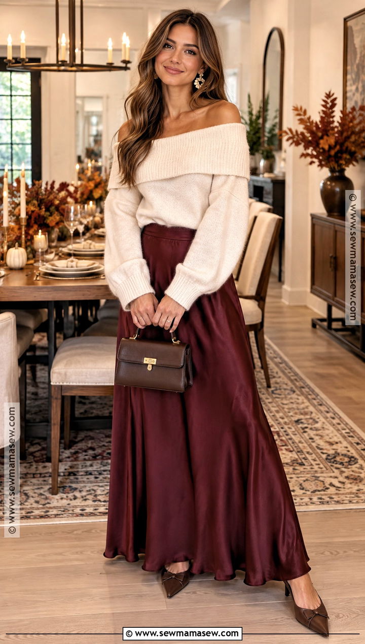 Off Shoulder Sweater and Maxi Skirt Thanksgiving Outfit - 25 Chill Thanksgiving Outfits