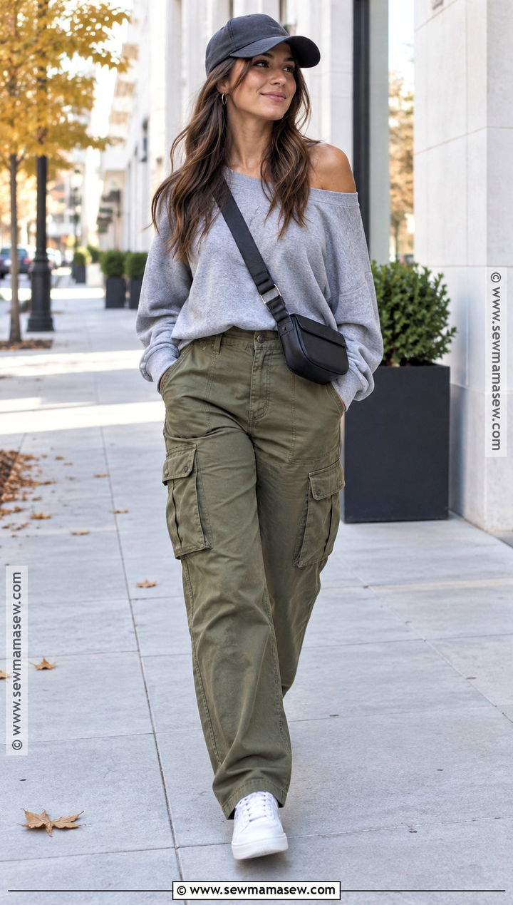 Off Shoulder Sweatshirt And Cargo Pants Outfit - 15 Off-Shoulder Fall Fashion Ideas