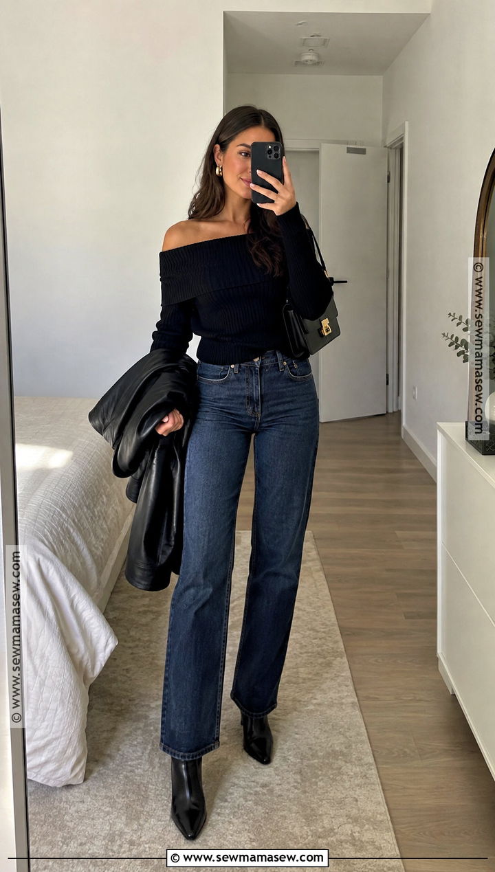 Off Shoulder Top And Dark Jeans Birthday Outfit - 15 Fall Bday Party Outfits