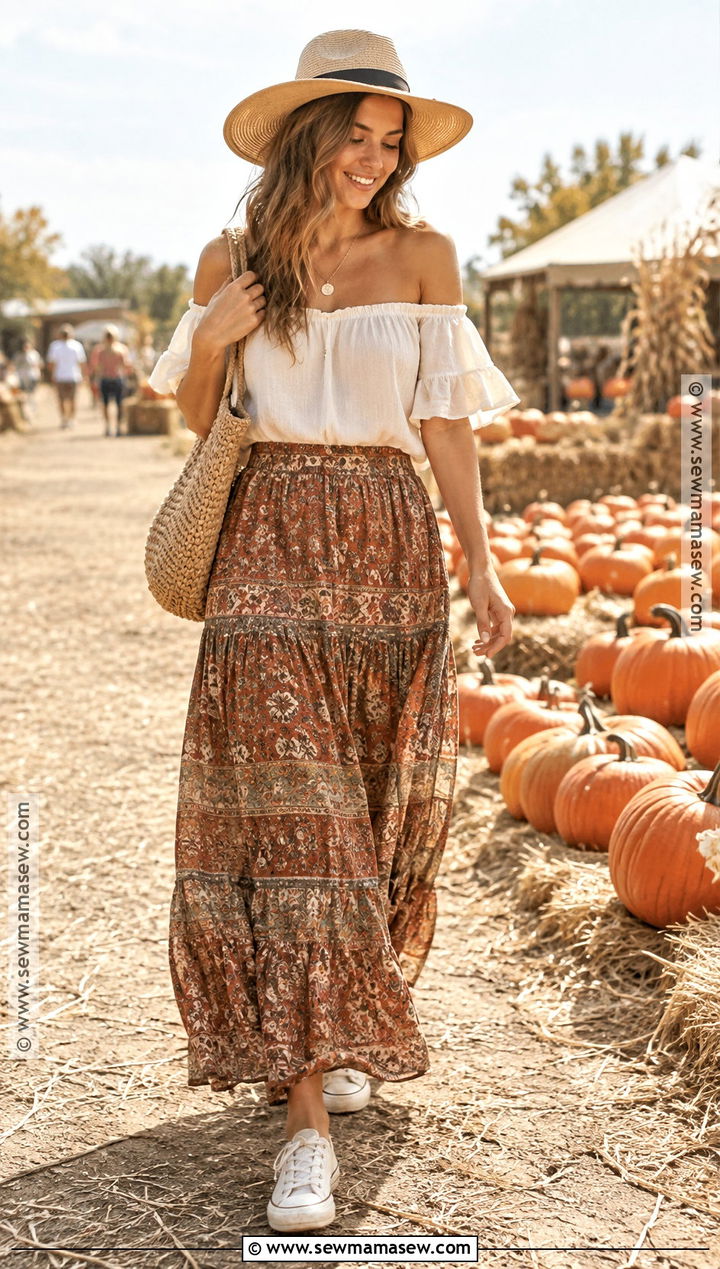 Off Shoulder Top And Maxi Skirt Pumpkin Patch Outfit - 20 Pumpkin Patch Outfit Ideas Hot Weather