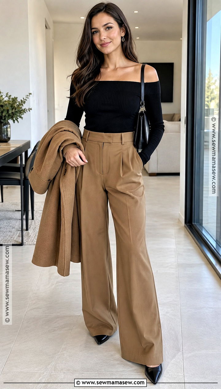 Off Shoulder Top And Tailored Trousers Fall Outfit - 15 fall style ideas 2026