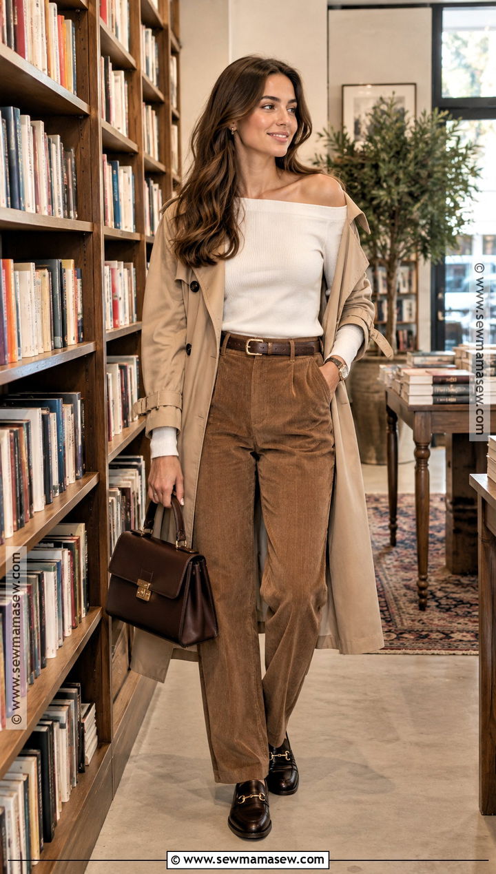 Off Shoulder Top With Corduroy Pants And Loafers - 15 Off-Shoulder Top Fall Fashion Ideas