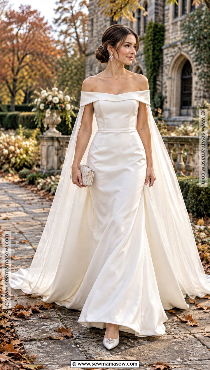 Off Shoulder Wedding Dress With Bridal Cape - 15 Autumn Wedding Accessory Inspiration Ideas