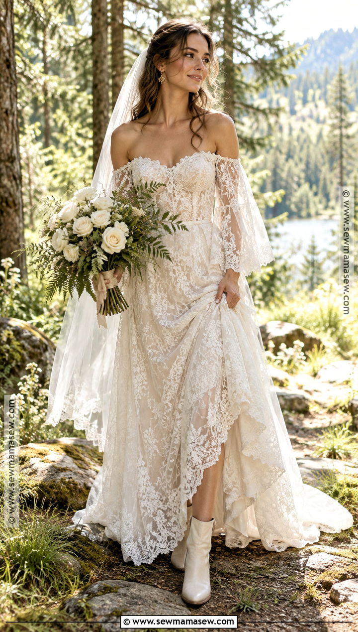Off The Shoulder Boho Lace Wedding Dress - 15 fall wedding dress off the shoulder ideas
