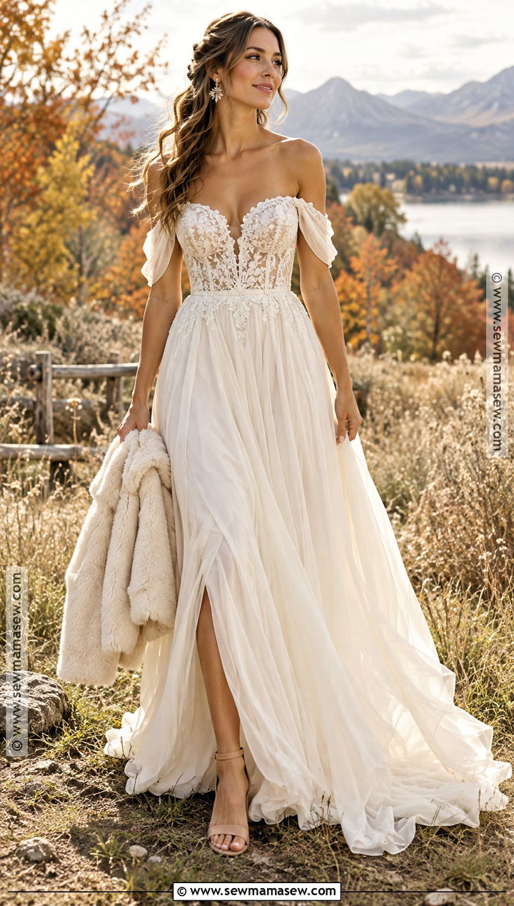 Off The Shoulder Boho Wedding Dress - 15 fall boho wedding dress ideas