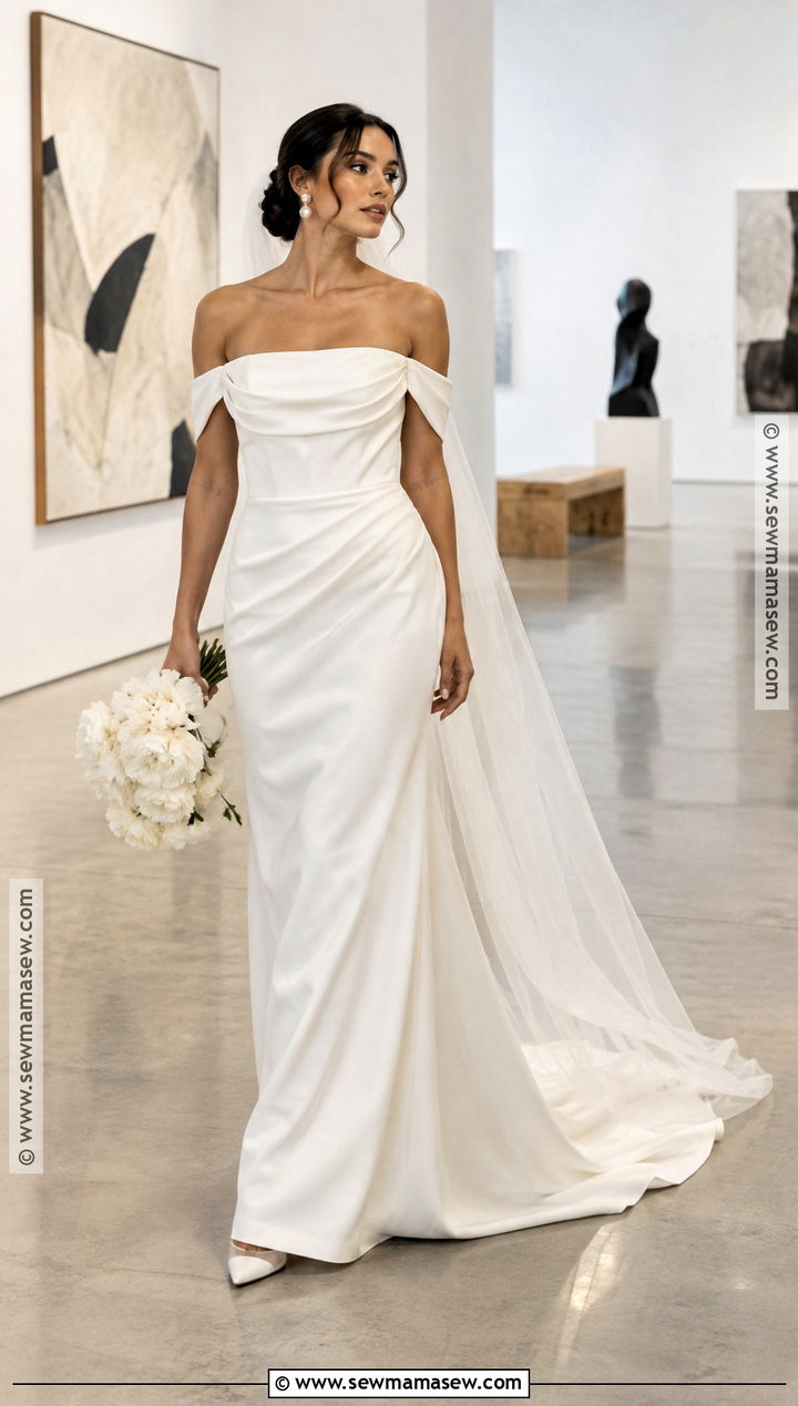 Off The Shoulder Draped Crepe Sheath Dress - 15 fall wedding dress off the shoulder ideas