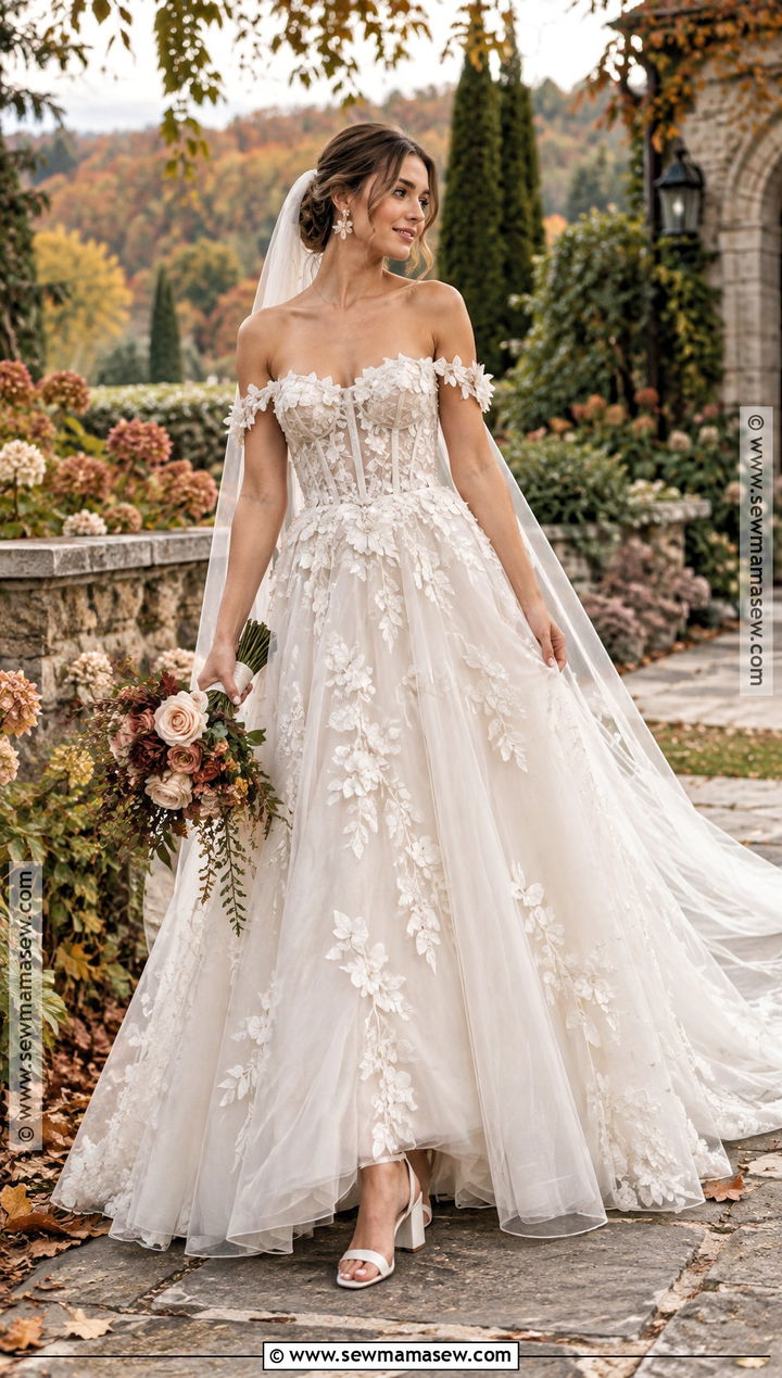 Off The Shoulder Floral Applique A Line Dress - 15 fall wedding dress off the shoulder ideas