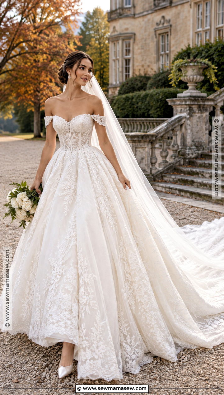 Off The Shoulder Lace Ball Gown Wedding Dress - 15 fall lace wedding dress ideas