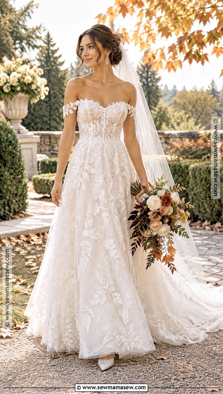 Off The Shoulder Leaf Lace Wedding Dress - 15 Autumn Leaf Wedding Dress Ideas