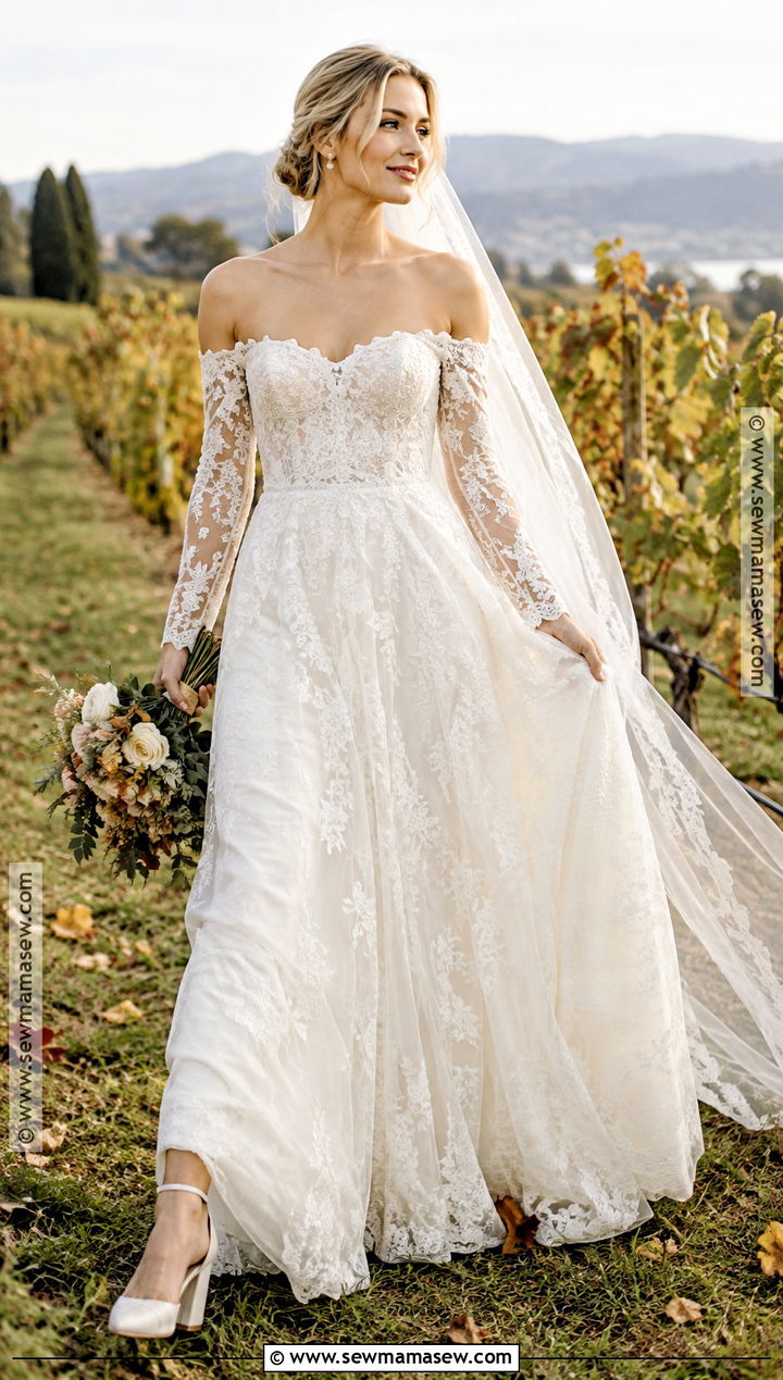 Off The Shoulder Long Sleeve Lace Wedding Dress - 15 fall wedding dress off the shoulder ideas