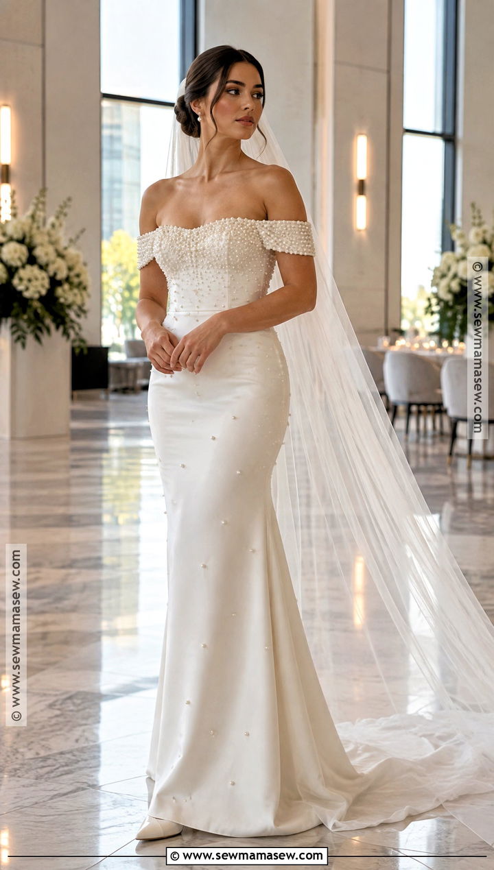 Off The Shoulder Pearl Embellished Column Dress - 15 fall wedding dress off the shoulder ideas