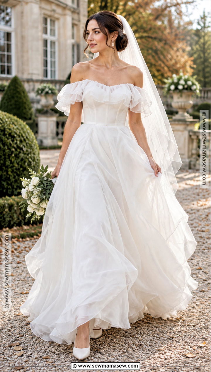 Off The Shoulder Ruffled Organza Wedding Dress - 15 fall wedding dress off the shoulder ideas