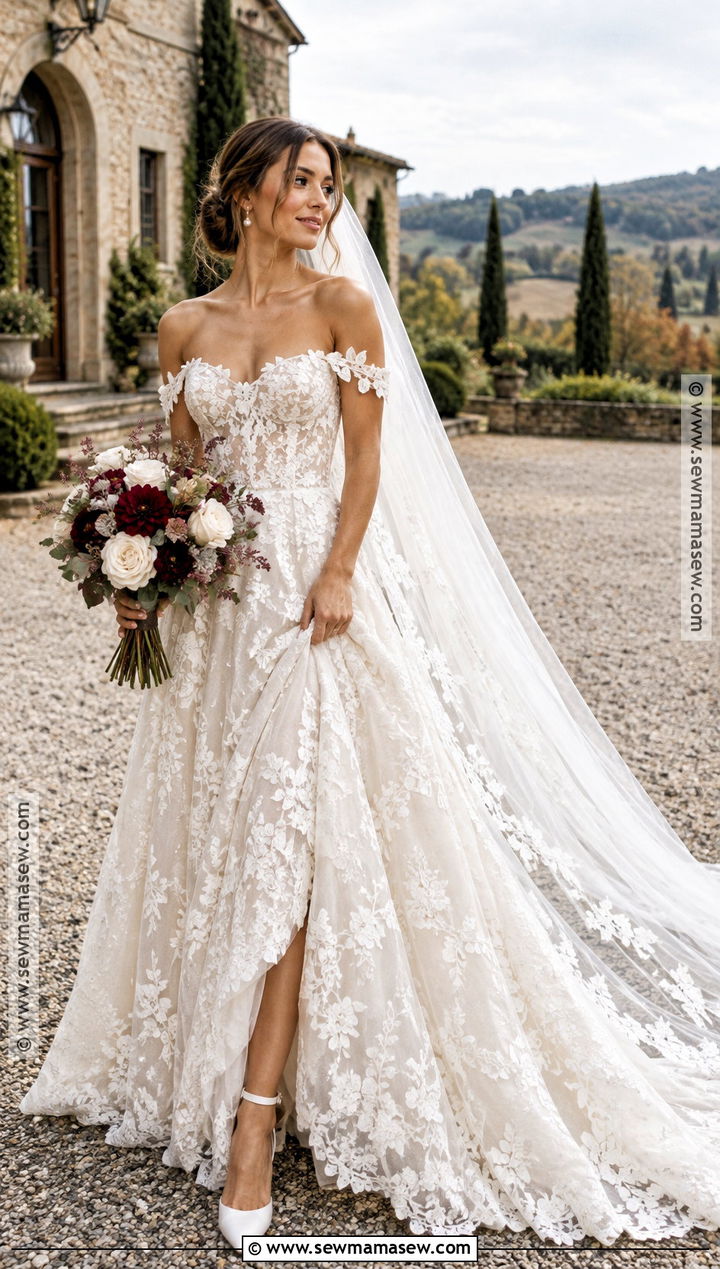 Off The Shoulder Rustic Fall Wedding Dress - 20 rustic fall wedding dress ideas