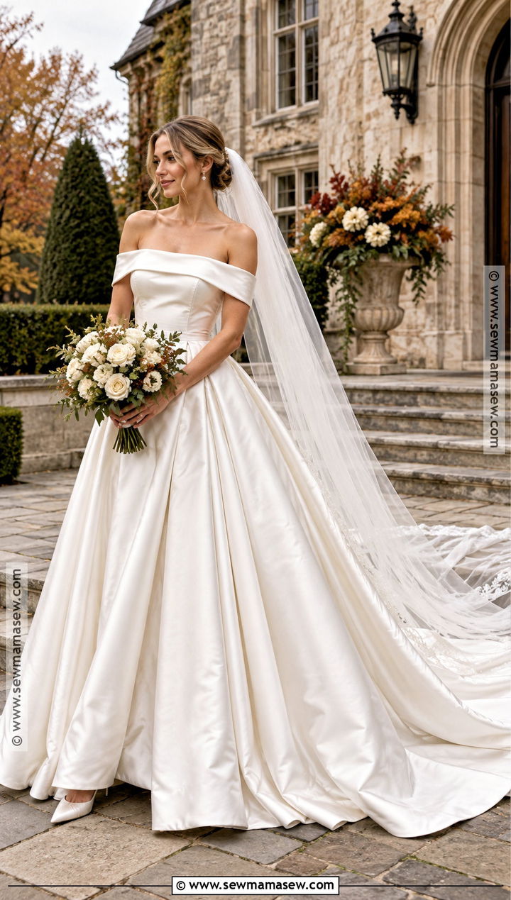 Off The Shoulder Satin Ball Gown - 15 fall wedding dress off the shoulder ideas