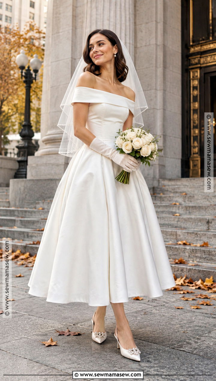 Off The Shoulder Tea Length Wedding Dress - 15 fall wedding dress off the shoulder ideas