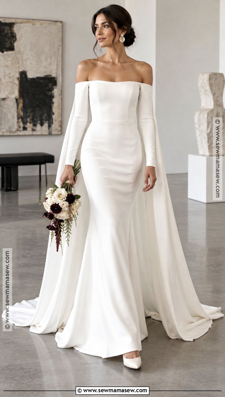 Off the Shoulder Crepe Fall Wedding Dress - 15 Fall Theme Wedding Dress Ideas