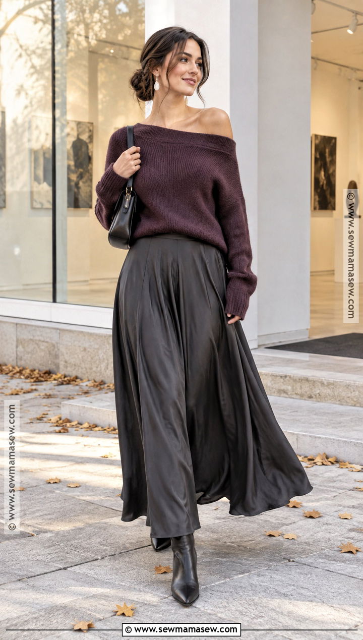 Off the Shoulder Sweater With Maxi Skirt - 15 Cute Fall Sweater Style Ideas