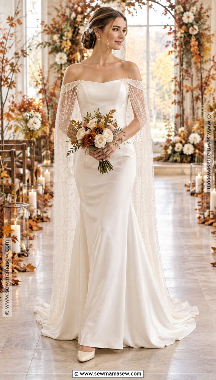 Off the Shoulder Wedding Dress With Tulle Capelet - 15 Fall Wedding Dress Coverup Ideas