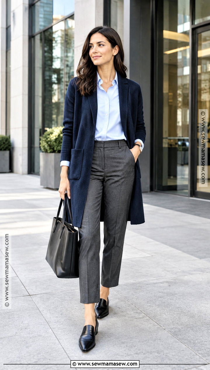 Office Coatigan With A Button Down Shirt - 15 Coatigan Outfit Fall Ideas